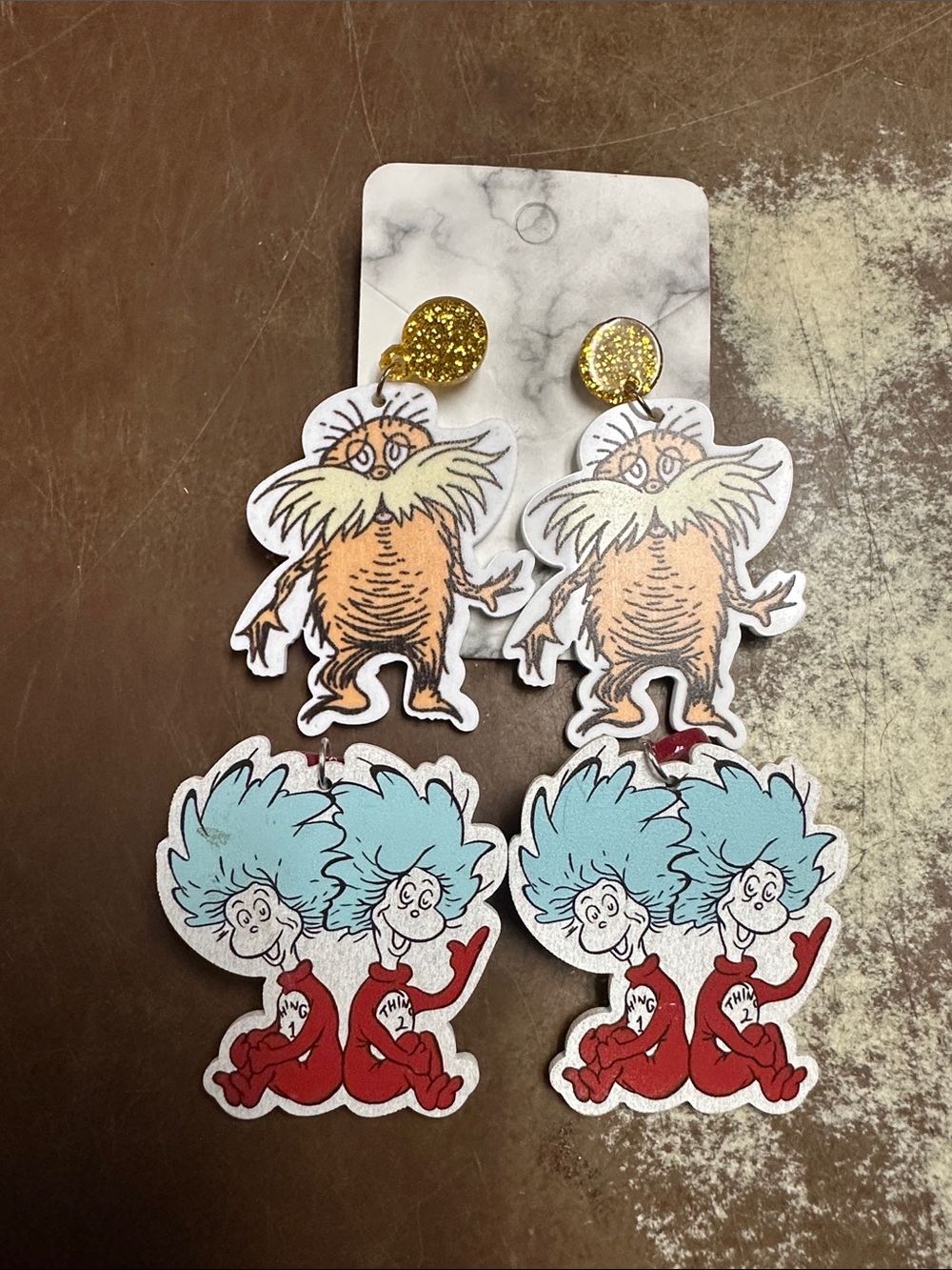 Dr. Seuss The Lorax & Thing 1/Thing 2 Dangle Earrings - Orange, Blue, Red, Gold
